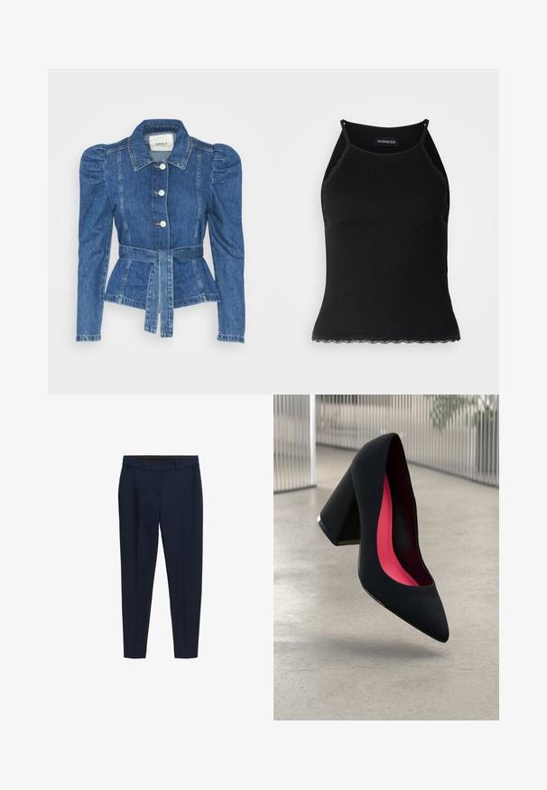 Riposso takki, jossa on vyöllinen vyötärö, istuva vartalo ja puffatut olkapäät. Keskisininen väri, rakenteellinen muotoilu ja etupainetut napit.; Mustan ribbitoppi, jonka helman reunassa on aaltoileva pitsi. Ominaisuuksina ohuet hihnat ja tiukka malli. Valmistettu joustavasta kankaasta.; Tummansininen muotitikkaustyyppinen housu, jossa vyölenkit, sivutaskut ja etuvertailu, suunniteltu slim fit -malliksi.; Musta korkokenkä, jossa on terävä kärki, teksturoitu pinta ja kirkkaan vaaleanpunainen sisus. Varustettu tukevalla kannalla, jossa on hopeinen yksityiskohta.