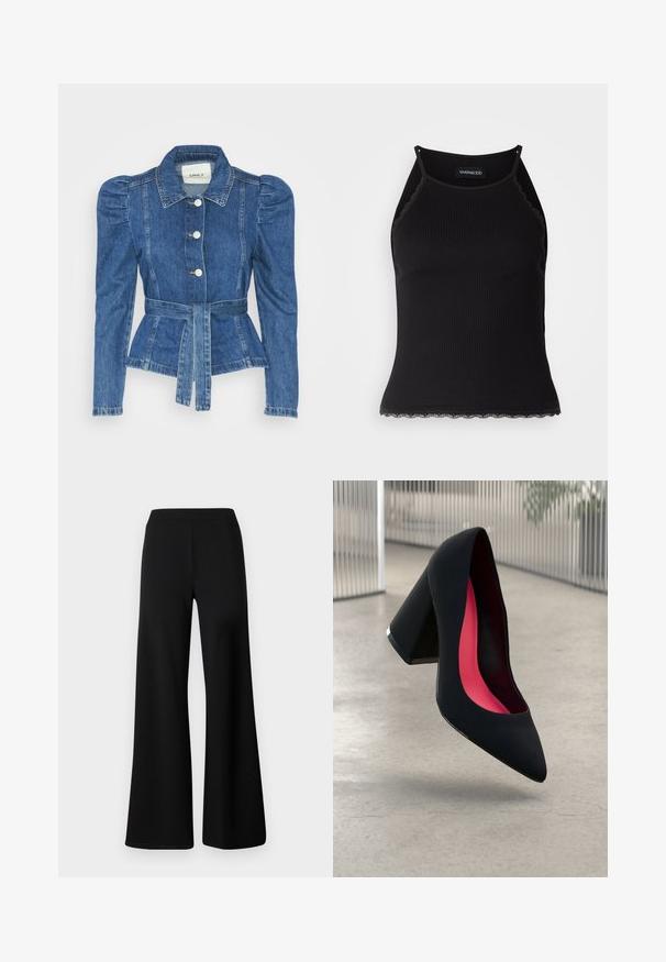 Denim jacket with a belted waist, fitted bodice, and puffed shoulders. Medium blue color, structured design, and front button closures.; Black ribbed tank top with scalloped lace trim at the hem. Features thin straps and a fitted design. Made from stretchable fabric.; Black wide-leg trousers made from soft, stretchy fabric. Features a smooth, elastic waistband and a clean, unembellished design.; Black high-heeled shoe with a pointed toe and a textured upper. Interior features bright pink lining. Square heel with metallic accent at the base.
