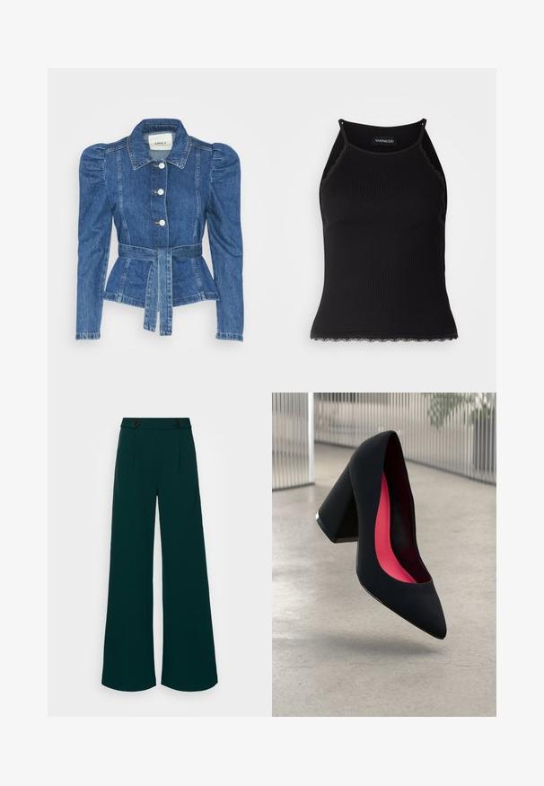 Jachetă din denim cu talie cu curea, bust ajustat și umeri bufanți. Culoare albastră medie, design structurat și închidere cu nasturi în față.; Top de bumbac negru cu nervuri, cu dantelă ondulată la margine. Are bretele subțiri și un design ajustat. Fabricat din material elastic.; Pantaloni largi dintr-un material teșit în nuanța teal închis, cu talie înaltă și închidere cu două butoane, pliseuri accentuate și o textură netedă și bine structurată.; Cămașă cu toc înalt, neagră, cu vârful ascuțit, suprafață texturată și interior de un roz vibrant. Dispune de un toc gros cu accent argintiu.