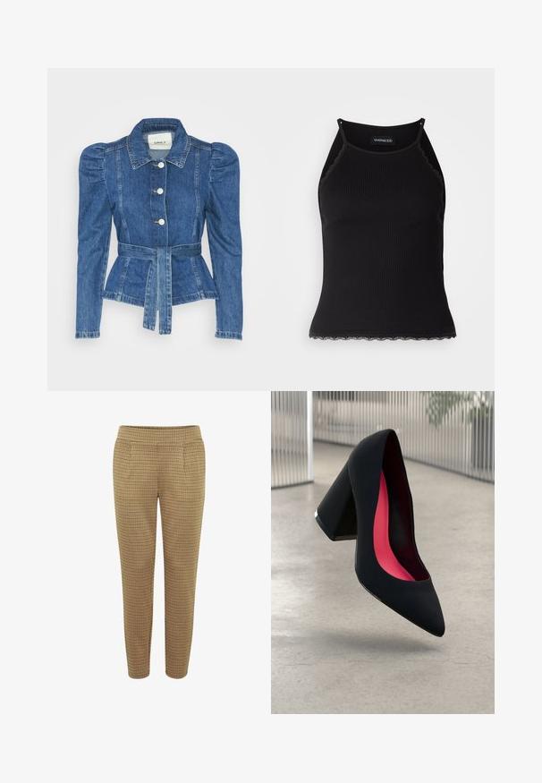 Denimiga jope, mille vöökoht on reguleeritav, kehaosa on kitsas ja õlavarred on puhvaariga. Keskmise sinise värvusega, struktureeritud disain ja ees nupulukud.; Must mustriba top musta servadega äärega. Omab peeneid rihmu ja istuvat disaini. Valmistatud venivast kangast.; Pruunist ruuduliste mustriga pükstest, millel on vormitud lõige, elastne vöökoht ja kaks küljetaskut. Kanga pind on sile ja ruuduline.; Mustad must kõrged kontsad, terava ninaga, tekstuurse pinnaga ning erksa roosa sisemusega. Omab paksu kontsa koos hõbedase aktsendiga.