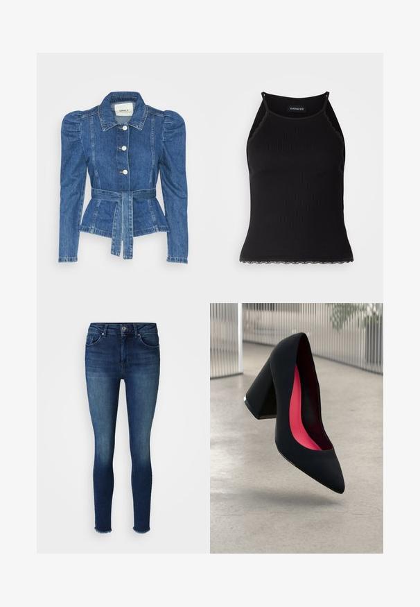 Chaqueta de mezclilla con cintura ceñida, cuerpo ajustado y hombros abullonados. Color azul medio, diseño estructurado y cierres frontales de botones.; Top de tanque negro con ribetes acanalados y borde de encaje con volantes en el dobladillo. Presenta tirantes finos y un diseño ajustado. Fabricado en tejido elástico.; Jeans ajustados azul oscuro de denim, con un frente desgastado, diseño de cinco bolsillos y dobladillo sin terminar en el tobillo.; Zapato de tacón alto negro con puntera afilada, superficie texturizada y un interior de un rosa vibrante. Presenta un tacón grueso con un acento plateado.