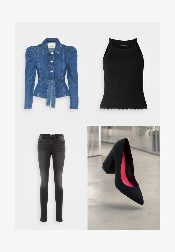 Denimiga jope, mille vöökoht on reguleeritav, kehaosa on kitsas ja õlavarred on puhvaariga. Keskmise sinise värvusega, struktureeritud disain ja ees nupulukud.; Must mustriba top musta servadega äärega. Omab peeneid rihmu ja istuvat disaini. Valmistatud venivast kangast.; Musthave mustad teksad, millel on klassikaline viie taskuga disain, lukuga eesmise kinnise ja kerge kulumise efekt jalgadel. Sile tekstuur.; Mustad must kõrged kontsad, terava ninaga, tekstuurse pinnaga ning erksa roosa sisemusega. Omab paksu kontsa koos hõbedase aktsendiga.