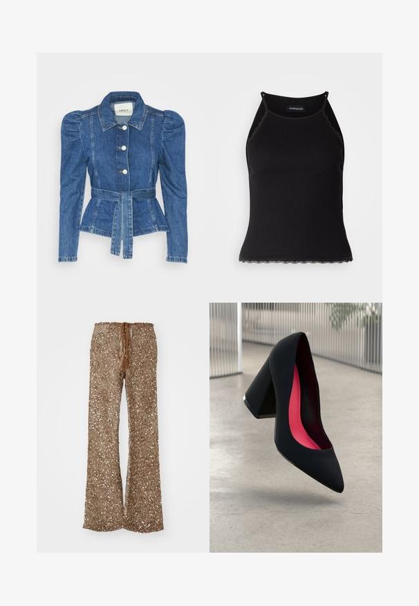 Denim jacket with a belted waist, fitted bodice, and puffed shoulders. Medium blue color, structured design, and front button closures.; Black ribbed tank top with scalloped lace trim at the hem. Features thin straps and a fitted design. Made from stretchable fabric.; Brown flared pants made of textured fabric with silver sequins, featuring a drawstring waistband with tassels for adjustments.; Black high heel shoe with a pointed toe, textured surface, and a vibrant pink interior. Features a chunky heel with silver accent.