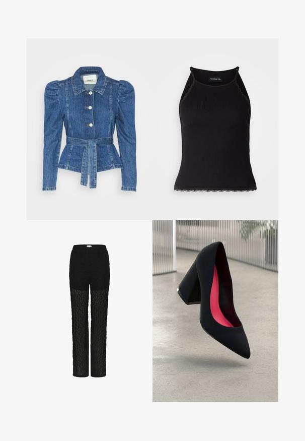 Jeansjacke mit tailliertem Schnitt, fitted Oberteil und gepufften Schultern. Mittelblaue Farbe, strukturierte Form und Frontknopfverschlüsse.; Schwarzes, geripptes Tanktop mit gewellten Spitzenabschluss am Saum. Mit dünnen Trägern und einer figurbetonten Passform. Hergestellt aus dehnbarem Material.; Cream Stoffhose - pitch black; Schwarzer High-Heel-Schuh mit spitzer Kappe und strukturierter Oberseite. Innenfutter in leuchtendem Pink. Quadratischer Absatz mit metallischem Akzent an der Basis.