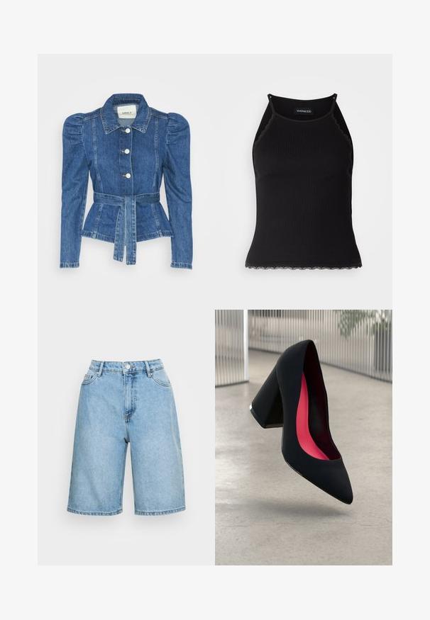 Denim jakna z pasom, prilegajoča bodica in napihnjena ramena. Srednje modra barva, strukturna zasnova in sprednje gumbne zanke.; Črn rebrast top brez rokavov z valovitimi čipkastimi robovi na dnu. Ima tanke naramnice in oprijet kroj. Narejen je iz raztegljivega materiala.; Svijetlo plave traper šortse s visokim strukom, s kopčanjem na dugme, pet džepova i opuštenim krojem koji seže do sredine bedra.; Črne visoke petke z nazobčanim prstom, teksturirano površino in živahnimi rožnatimi notranjimi deli. Imajo robustno peto z srebrnim akcentom.