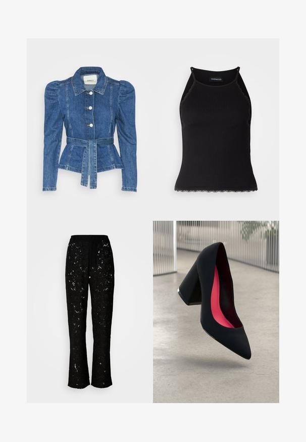 Denimjakke med beltedal, tætsiddende liv og puffede skuldre. Mellemblå farve, struktureret design og frontknaplukninger.; Sort ribbet tanktop med bølget blondekant forneden. Har tynde stropper og en tætsiddende pasform. Fremstillet af strækbart materiale.; Sorte blonder bukser med blomstermønster, bred bendesign og glat tekstur. Har en taljebånd og en let flydende silhuet.; Sort højhælet sko med spids tå, struktureret overflade og et livligt pink interiør. Har en kraftig hæl med sølvdetaljer.