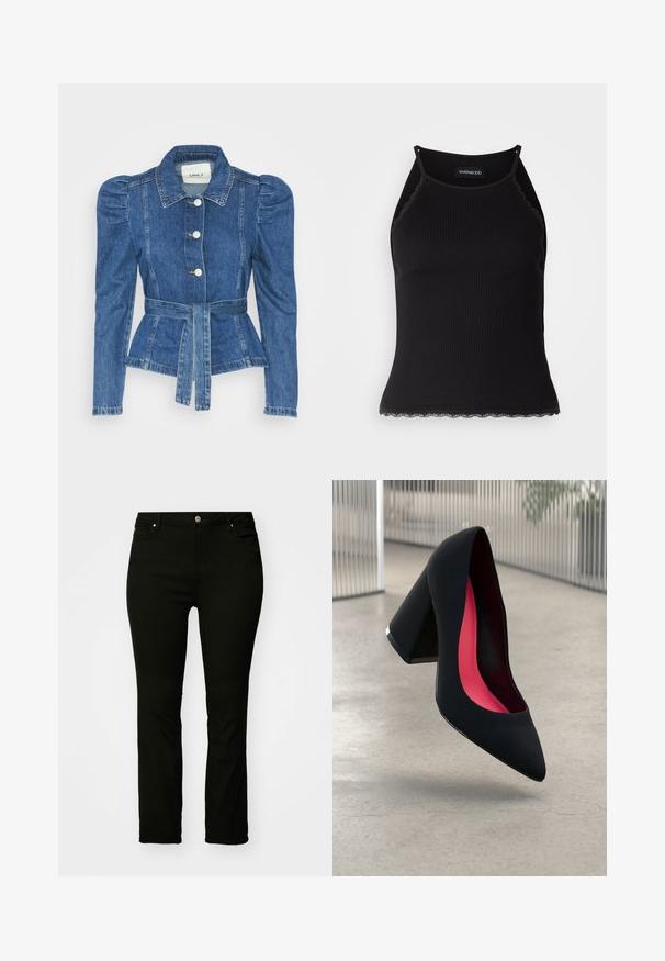 Jeansjacka med midjebälte, åtsittande liv och puffiga axlar. Mellanblå färg, strukturerad design och knäppning fram.; Svart ribbad linne med scallop-mönstrad spetskant i nederkant. Har tunna axelband och en figurnära design. Tillverkad av elastiskt tyg.; Svarta denimjeans med rak passform, femfickorsdesign, metallknapp och diskreta sömnadsdetaljer. Slät textur, mångsidig stil.; Svart högklackad sko med spetsig tå, texturerad yta och en livlig rosa inredning. Har en kraftig klack med silverdetaljer.