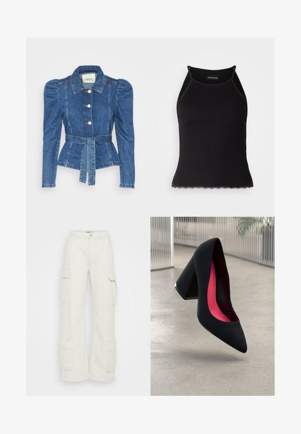 Denim jakna z pasom, prilegajoča bodica in napihnjena ramena. Srednje modra barva, strukturna zasnova in sprednje gumbne zanke.; Črn rebrast top brez rokavov z valovitimi čipkastimi robovi na dnu. Ima tanke naramnice in oprijet kroj. Narejen je iz raztegljivega materiala.; Cargo hlače v off-white bombažu, z širokimi nogami, stranskimi žepi in gumbom za zapiranje pri pasu. Gladka tekstura s funkcionalnim dizajnom.; Črne visoke petke z nazobčanim prstom, teksturirano površino in živahnimi rožnatimi notranjimi deli. Imajo robustno peto z srebrnim akcentom.