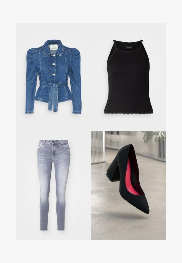 Džínová bunda s opaskom v páse, priliehavým telom a vypúknutými ramenami. Stredne modrá farba, štruktúrovaný dizajn a predné gombíkové zapínanie.; Čierny rebrovaný top bez rukávov so zvlneným čipkovým lemovaním na spodnom leme. Má tenké ramienka a priliehavý strih. Vyrobené z elastického materiálu.; Úzke džínsy vo svetlom modrom denime, so zosvetleným vzhľadom, piatimi vreckami a rozstrapkaným lemom. Jemné detaily šitia po celej ploche.; Čierna lodička na vysokom opätku s špicatou špičkou, štruktúrovaným povrchom a živým ružovým interiérom. Obsahuje robustný opätok so strieborným akcentom.