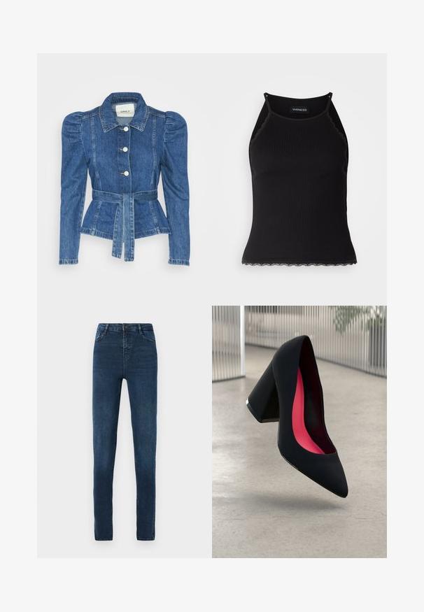 Chaqueta de mezclilla con cintura ceñida, cuerpo ajustado y hombros abullonados. Color azul medio, diseño estructurado y cierres frontales de botones.; Top de tanque negro con ribetes acanalados y borde de encaje con volantes en el dobladillo. Presenta tirantes finos y un diseño ajustado. Fabricado en tejido elástico.; Jeans ajustados de mezclilla oscura, con una textura suave, diseño clásico de cinco bolsillos y cierre de cremallera con botón.; Zapato de tacón alto negro con puntera afilada, superficie texturizada y un interior de un rosa vibrante. Presenta un tacón grueso con un acento plateado.