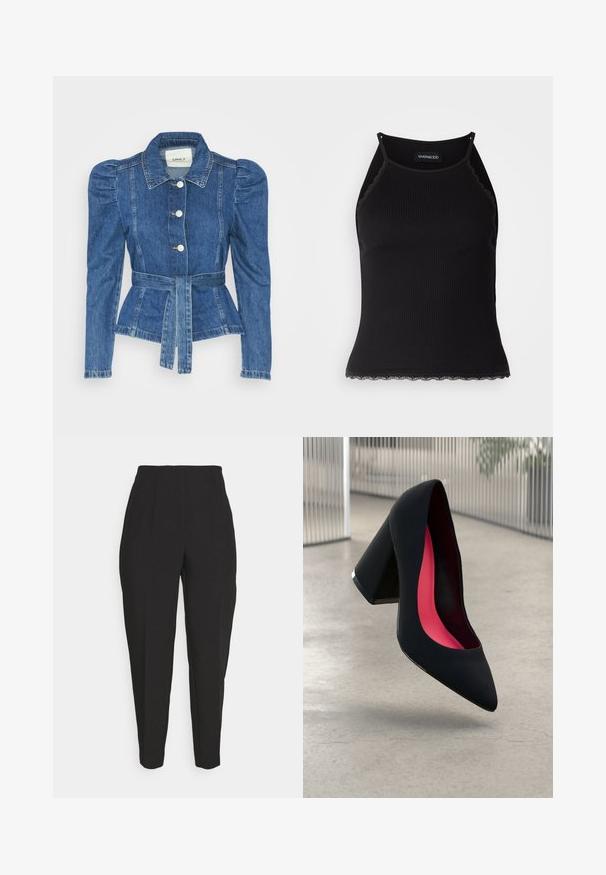 Denimiga jope, mille vöökoht on reguleeritav, kehaosa on kitsas ja õlavarred on puhvaariga. Keskmise sinise värvusega, struktureeritud disain ja ees nupulukud.; Must mustriba top musta servadega äärega. Omab peeneid rihmu ja istuvat disaini. Valmistatud venivast kangast.; Mustad särkpunased püksid on kõrge vöökohaga, ees volditud, kitsenevate jalgadega ning sujuva tekstuuriga. Valmistatud kergest kangast, nähtavaid kinnitusi pole.; Mustad must kõrged kontsad, terava ninaga, tekstuurse pinnaga ning erksa roosa sisemusega. Omab paksu kontsa koos hõbedase aktsendiga.