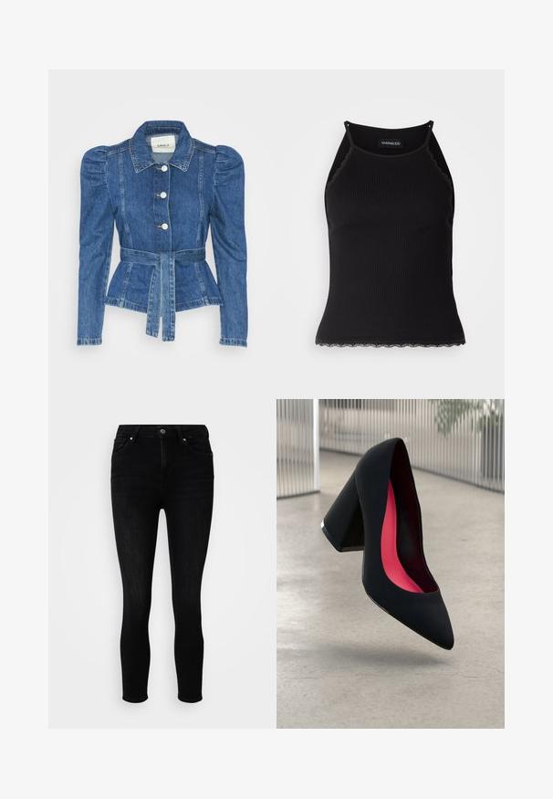 Chaqueta de mezclilla con cintura ceñida, cuerpo ajustado y hombros abullonados. Color azul medio, diseño estructurado y cierres frontales de botones.; Top de tanque negro con ribetes acanalados y borde de encaje con volantes en el dobladillo. Presenta tirantes finos y un diseño ajustado. Fabricado en tejido elástico.; ONLY Petite ONLPOWER MID PUSH UP - Vaqueros pitillo - washed black; Zapato de tacón alto negro con puntera afilada, superficie texturizada y un interior de un rosa vibrante. Presenta un tacón grueso con un acento plateado.