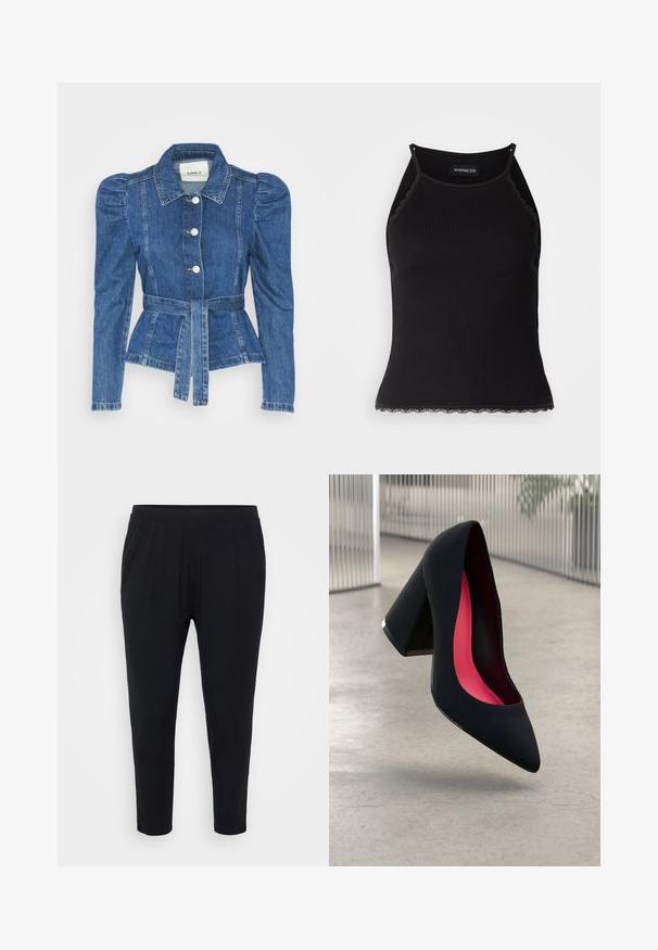 Denim jacket with a belted waist, fitted bodice, and puffed shoulders. Medium blue color, structured design, and front button closures.; Black ribbed tank top with scalloped lace trim at the hem. Features thin straps and a fitted design. Made from stretchable fabric.; Black trousers with a relaxed fit, elastic waistband, and subtle pleats. Made from a soft fabric, featuring tapered legs and no pockets.; Black high heel shoe with a pointed toe, textured surface, and a vibrant pink interior. Features a chunky heel with silver accent.