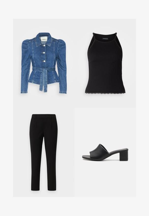 Denim jakna z pasom, prilegajoča bodica in napihnjena ramena. Srednje modra barva, strukturna zasnova in sprednje gumbne zanke.; Črn rebrast top brez rokavov z valovitimi čipkastimi robovi na dnu. Ima tanke naramnice in oprijet kroj. Narejen je iz raztegljivega materiala.; Črne elegantne hlače s ravnim krojem, izdelane iz gladkega materiala. Imajo ravno sprednjo stran, pasne zanke in brez žepov.; Črne usnjene mule z blokastim petami in odprto tobko, s sijočo površino in rahlo ukrivljenim zgornjim delom za udobje in stil.