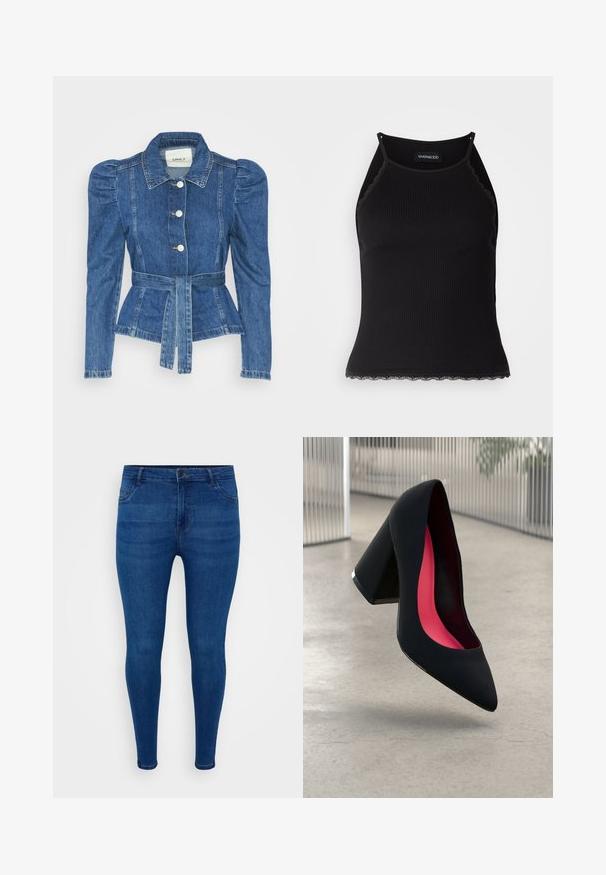 Džinsu jaka ar jostas vidukli, pieguļošu augšdaļu un pūšām plecu daļām. Vidēji zila krāsa, strukturēts dizains un priekšējie pogu aizdarījumi.; Melna ribota topiņa ar izšūtu mežģīņu apdari apakšmalā. Iezīmē plānas siksniņas un pielāgotu piegriezumu. Izgatavota no stiepjama auduma.; Tievās džinsēs, kas izgatavotas no tumši zilas denima. Tam ir pieguļošs griezums, piecu kabatu dizains un maiga izbalēšana uz priekšējās virsmas.; Melna augsta papēža kurpe ar smailu purngalu, teksturētu virsmu un dzīvespriecīgu rozā interjeru. Satur masīlu papēdi ar sudraba akcentu.