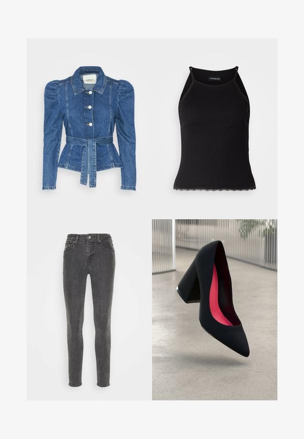 Jachetă din denim cu talie cu curea, bust ajustat și umeri bufanți. Culoare albastră medie, design structurat și închidere cu nasturi în față.; Top de bumbac negru cu nervuri, cu dantelă ondulată la margine. Are bretele subțiri și un design ajustat. Fabricat din material elastic.; Jeans skinny din denim gri închis, cu un design clasic cu cinci buzunare, bucle pentru centură și închidere cu nasture. Textură netedă cu o ușoară decolorare.; Cămașă cu toc înalt, neagră, cu vârful ascuțit, suprafață texturată și interior de un roz vibrant. Dispune de un toc gros cu accent argintiu.