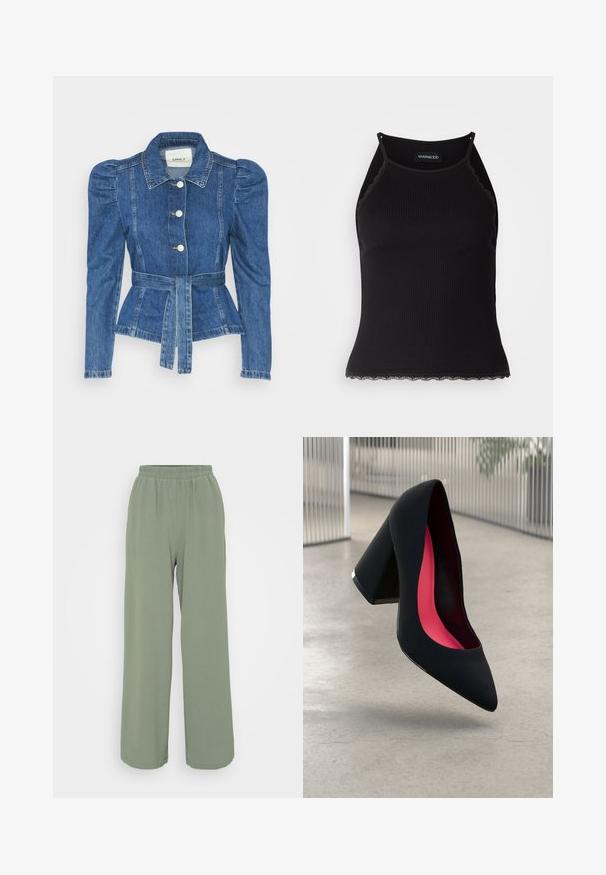 Veste en denim avec une taille ceinturée, un buste ajusté et des épaules bouffantes. Couleur bleu moyen, design structuré et fermetures à boutons sur le devant.; Débardeur noir à côtes avec une bordure en dentelle festonnée à l'ourlet. Présente des bretelles fines et une coupe ajustée. Fabriqué en tissu extensible.; Pantalons larges vert clair avec une taille élastique, fabriqués dans un tissu texturé. Présente des drapés doux et une coupe décontractée.; Chaussure à talon noir avec un bout pointu, surface texturée et un intérieur rose vif. Dotée d'un talon épais avec un accent en argent.