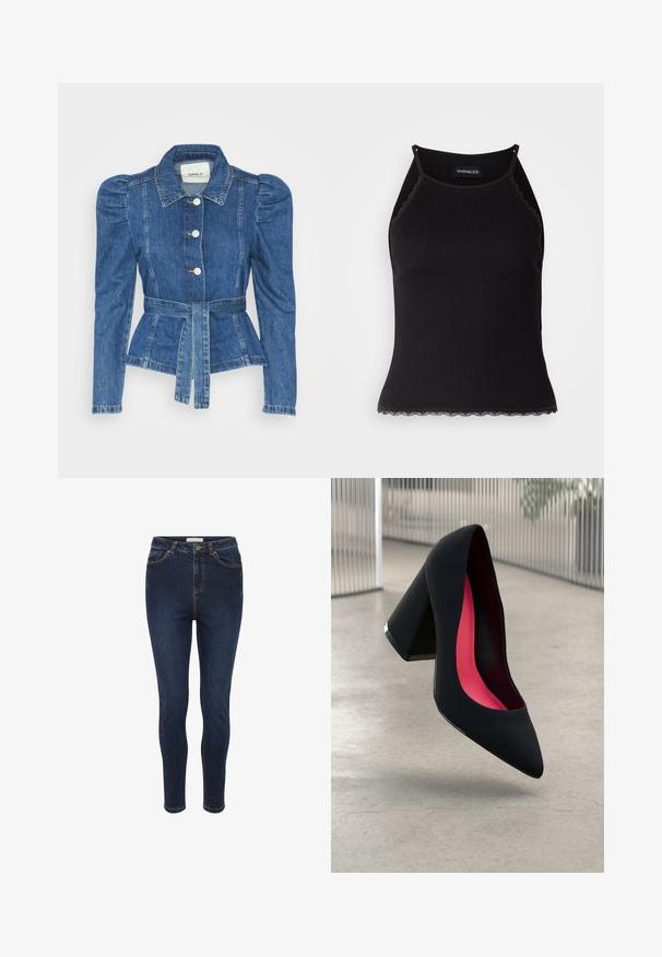 Denimiga jope, mille vöökoht on reguleeritav, kehaosa on kitsas ja õlavarred on puhvaariga. Keskmise sinise värvusega, struktureeritud disain ja ees nupulukud.; Must mustriba top musta servadega äärega. Omab peeneid rihmu ja istuvat disaini. Valmistatud venivast kangast.; Kaffe WILLOW - Liibuvad teksad - dark blue denim; Mustad must kõrged kontsad, terava ninaga, tekstuurse pinnaga ning erksa roosa sisemusega. Omab paksu kontsa koos hõbedase aktsendiga.