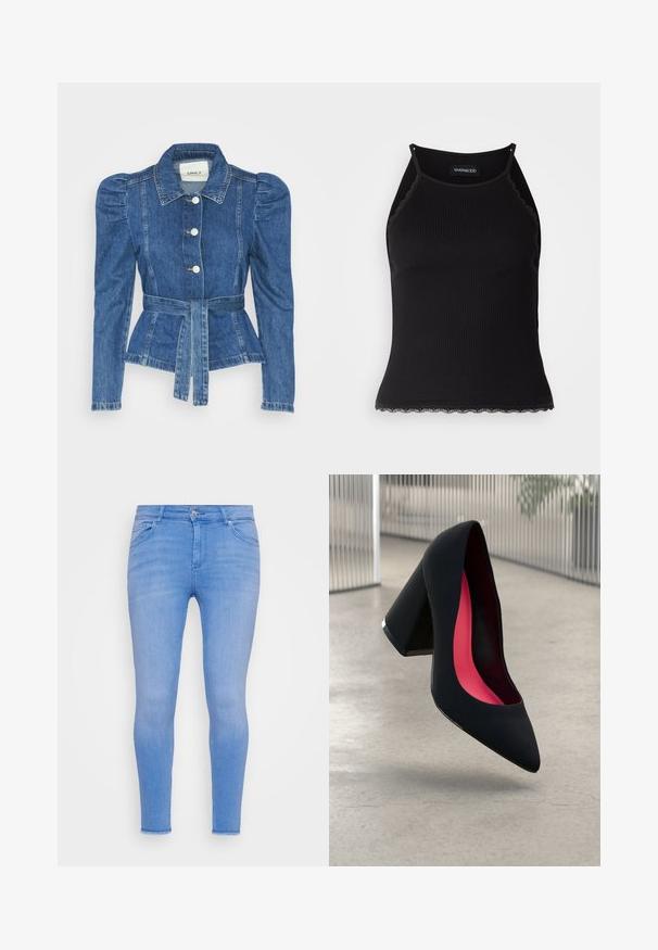 Jeansjakke med belte i midjen, tettsittende midje og puffede skuldre. Medium blå farge, strukturert design og frontknapper.; Svart ribbet tanktopp med scallop lace detaljer i kanten. Har tynne stropper og en kroppsnær design. Laget av elastisk stoff.; Lyseblå smaljeans laget av denim, med et klassisk fem-lomme-design, front knappestenging, og uten synlig slitasje eller mønstre.; Svart høye hæler med spiss tå, teksturert overflate og en livlig rosa innside. Har en kraftig hæl med sølvdetaljer.