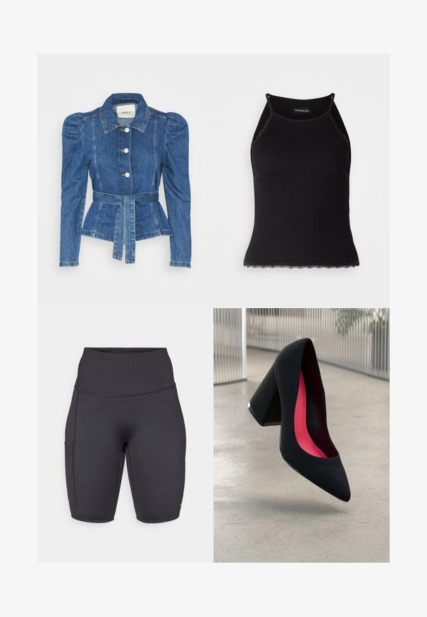 Jachetă din denim cu talie cu curea, bust ajustat și umeri bufanți. Culoare albastră medie, design structurat și închidere cu nasturi în față.; Top de bumbac negru cu nervuri, cu dantelă ondulată la margine. Are bretele subțiri și un design ajustat. Fabricat din material elastic.; Pantaloni scurți negri cu talie înaltă dintr-un material elastic, având un buzunar pe o parte, textură netedă și cusături plate pentru confort.; Cămașă cu toc înalt, neagră, cu vârful ascuțit, suprafață texturată și interior de un roz vibrant. Dispune de un toc gros cu accent argintiu.