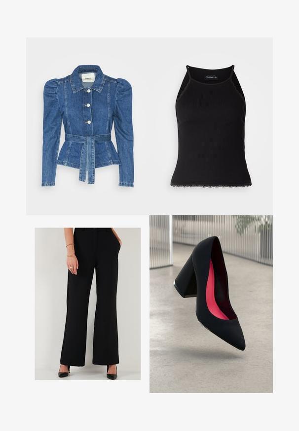 Farmer dzseki övvel a deréknál, testhez simuló fazon és puffos vállakkal. Középkék szín, struktúrált kialakítás és elöl gombos záródás.; Fekete bordázott ujjatlan felső, csipkés, fodros szegéllyel az alján. Vékony pántokkal és testhez simuló kialakítással rendelkezik. Stretch anyagból készült.; Fekete, bő szárú nadrág sima anyagból, elülső zsebekkel, illeszkedő derékkal és gombos záródással elöl.; Fekete, hegyes orrú, magas sarkú cipő, texturált felsőrésszel. Belsejében élénk rózsaszín bélés található. Négyzet alakú sarok, alján fémes díszítéssel.