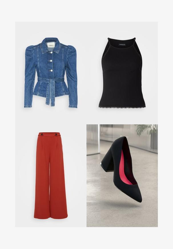 Spijkerjack met een ceintuur in de taille, een getailleerd lijfje en pofmouwen. Middelblauwe kleur, gestructureerd ontwerp en knoopsluitingen aan de voorkant.; Zwarte geribbelde tanktop met een scallooped kanten rand aan de onderkant. Heeft dunne bandjes en een aansluitend ontwerp. Gemaakt van rekbare stof.; Brede beenbroek in een diep roestrode stof. Kenmerken zijn twee voorplooien en twee knopen op de tailleband. Gladde textuur, casual ontwerp.; Zwarte hoge hak met een spitse neus, textuur op het oppervlak en een opvallend roze interieur. Beschikt over een chunky hak met zilveren accent.