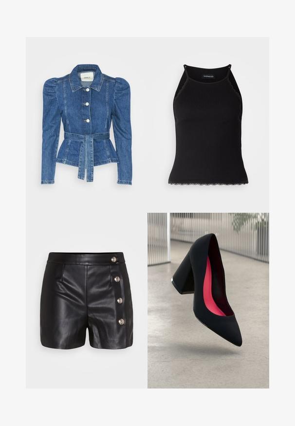 Jeansjacke mit tailliertem Schnitt, fitted Oberteil und gepufften Schultern. Mittelblaue Farbe, strukturierte Form und Frontknopfverschlüsse.; Schwarzes, geripptes Tanktop mit gewellten Spitzenabschluss am Saum. Mit dünnen Trägern und einer figurbetonten Passform. Hergestellt aus dehnbarem Material.; Schwarze Lederhosen mit glatter Textur, ausgestattet mit vier silbernen Knopfakzenten auf der rechten Seite und zwei vorderen Taschen.; Schwarzer High Heel Schuh mit spitzer Zehe, strukturiertem Obermaterial und lebhaftem pinken Innenraum. Verfügt über einen dicken Absatz mit silberner Akzentuierung.