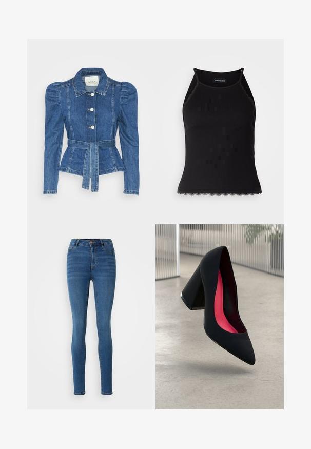 Denimo striukė su dirželiu liemens srityje, prigludusia forma ir pūstomis pečių dalimis. Vidutinio mėlynumo spalva, struktūrizuotas dizainas ir priekiniai mygtukų užsegimai.; Juodas raštuotas marškinėlis be rankovių su banginiu nėriniu apdaila apatine dalimi. Savybės: plonos petnešos ir prigludusi forma. Pagaminta iš tamprios medžiagos.; Lieknos džinsai vidutinio mėlynumo džinsinio audinio, su aukšta juosmens linija, priekinėmis kišenėmis ir subtiliais dėvėjimo žymenimis. Siuvimo detalės, kontrastinės aukso spalvos.; Juodas aukštakulnis batai su smailiu pirštu, su tekstūruota paviršiumi ir ryškiai rožiniu vidumi. Su tiek dideliu kulnu, tiek sidabriniu akcentu.