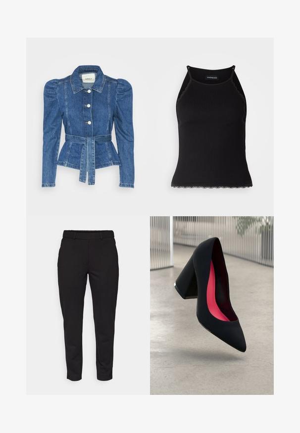 Džínová bunda s páskem v pase, přiléhavým střihem a nadýchanými ramenními vycpávkami. Středně modrá barva, strukturovaný design a zapínání na knoflíky vpředu.; Černý žebrovaný top na ramínka s krajkovým lemem na spodním okraji. Obsahuje tenké ramínka a přiléhavý střih. Vyrobeno z elastické látky.; Černé zúžené kalhoty vyrobené z hladkého materiálu. Mají plochý přední díl, elastický pás a žádné viditelné kapsy.; Černá vysoká podpatková bota s špičatou špičkou, texturovaným povrchem a živým růžovým interiérem. Obsahuje masivní podpatek se stříbrným akcentem.