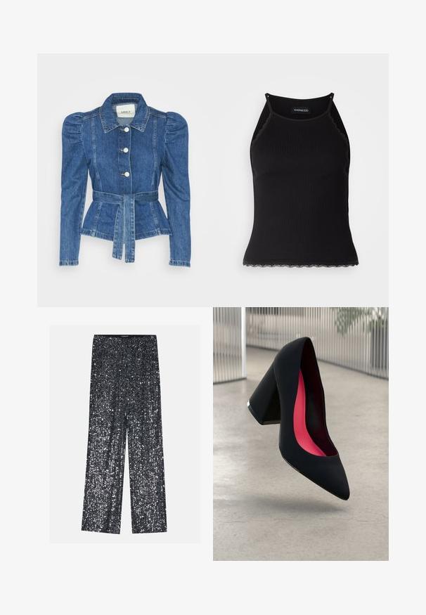 Denimiga jope, mille vöökoht on reguleeritav, kehaosa on kitsas ja õlavarred on puhvaariga. Keskmise sinise värvusega, struktureeritud disain ja ees nupulukud.; Must mustriba top musta servadega äärega. Omab peeneid rihmu ja istuvat disaini. Valmistatud venivast kangast.; Musthave mustriga palazzo püksid, millel on laiad sääred ja elastne vöökoht, silmapaistva läikiva ja tekstureeritud pinnaga, mis peegeldab valgust.; Mustad must kõrged kontsad, terava ninaga, tekstuurse pinnaga ning erksa roosa sisemusega. Omab paksu kontsa koos hõbedase aktsendiga.