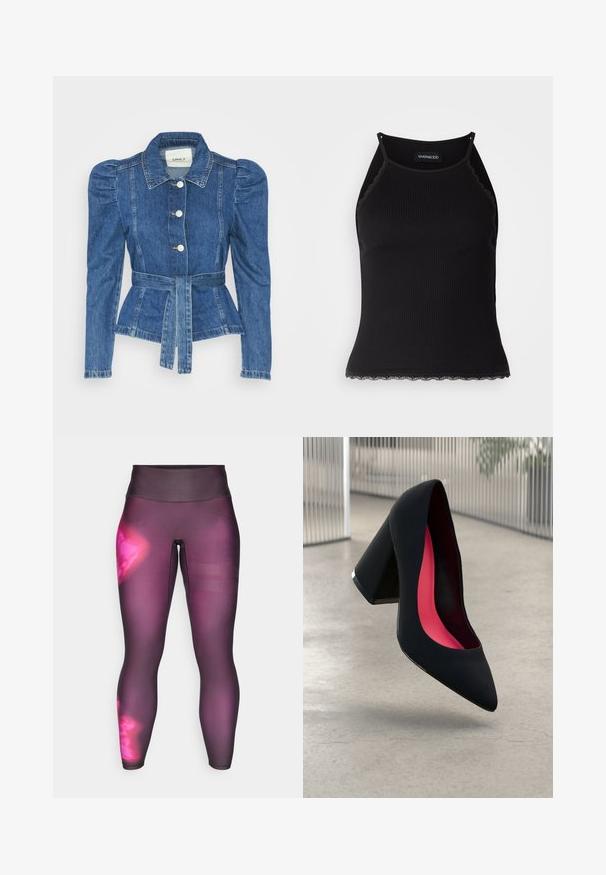 Spijkerjack met een ceintuur in de taille, een getailleerd lijfje en pofmouwen. Middelblauwe kleur, gestructureerd ontwerp en knoopsluitingen aan de voorkant.; Zwarte geribbelde tanktop met een scallooped kanten rand aan de onderkant. Heeft dunne bandjes en een aansluitend ontwerp. Gemaakt van rekbare stof.; Paarse sportlegging met een hoge tailleband, met een gradientontwerp en mesh-strepen op het onderbeen voor ventilatie.; Zwarte hoge hak met een spitse neus, textuur op het oppervlak en een opvallend roze interieur. Beschikt over een chunky hak met zilveren accent.