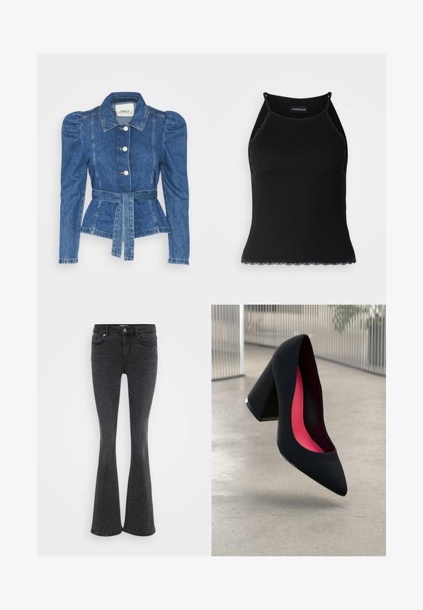 Džínová bunda s páskem v pase, přiléhavým střihem a nadýchanými ramenními vycpávkami. Středně modrá barva, strukturovaný design a zapínání na knoflíky vpředu.; Černý žebrovaný top na ramínka s krajkovým lemem na spodním okraji. Obsahuje tenké ramínka a přiléhavý střih. Vyrobeno z elastické látky.; Černé rozšířené džíny vyrobené z denimu, s kovovými ozdobnými cvoky po celém povrchu. Pět kapes a přední zapínání na knoflík.; Černá vysoká podpatková bota s špičatou špičkou, texturovaným povrchem a živým růžovým interiérem. Obsahuje masivní podpatek se stříbrným akcentem.