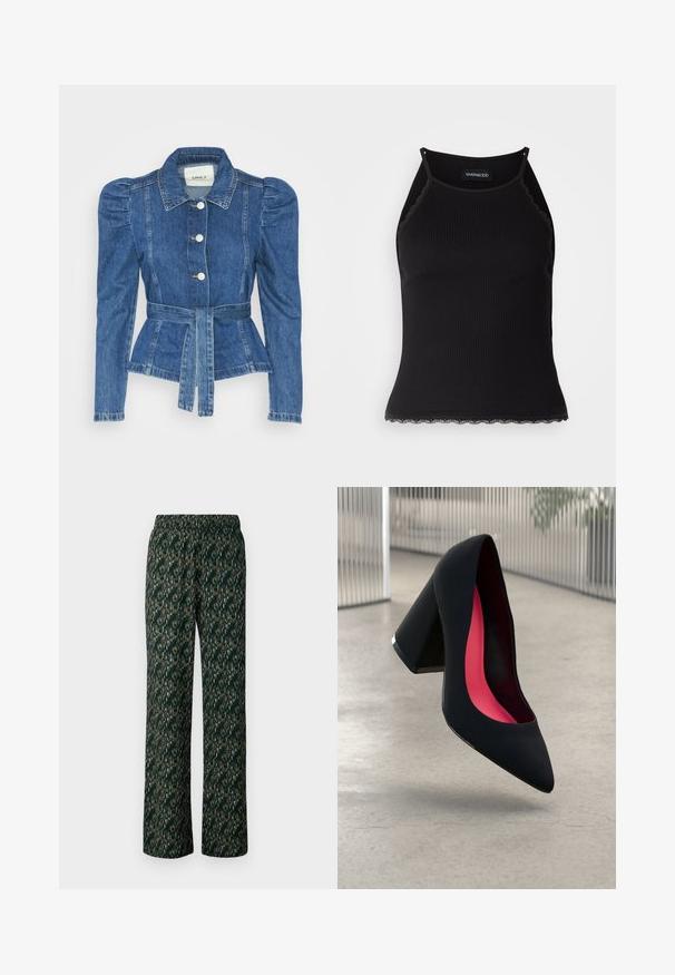 Chaqueta de mezclilla con cintura ceñida, cuerpo ajustado y hombros abullonados. Color azul medio, diseño estructurado y cierres frontales de botones.; Top de tanque negro con ribetes acanalados y borde de encaje con volantes en el dobladillo. Presenta tirantes finos y un diseño ajustado. Fabricado en tejido elástico.; Pantalones de pierna ancha en tela verde oscura con un patrón intrincado y multicolor. Cuentan con una cinturilla elástica para mayor comodidad.; Zapato de tacón alto negro con puntera afilada, superficie texturizada y un interior de un rosa vibrante. Presenta un tacón grueso con un acento plateado.