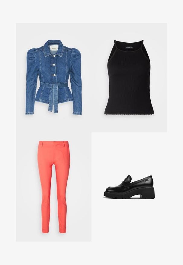 Džínová bunda s opaskom v páse, priliehavým telom a vypúknutými ramenami. Stredne modrá farba, štruktúrovaný dizajn a predné gombíkové zapínanie.; Čierny rebrovaný top bez rukávov so zvlneným čipkovým lemovaním na spodnom leme. Má tenké ramienka a priliehavý strih. Vyrobené z elastického materiálu.; Korálové slim-fit nohavice vyrobené z hladkej tkaniny, s krytým zipsom, pútkami na opasok a elegantným dizajnom bez vreciek.; Čierne kožené mokasíny s hrubým podpätkom a hrubou podrážkou, so strapcom na vrchu, zobrazené z boku na bielom pozadí.