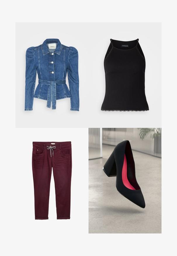 Denim jacket with a belted waist, fitted bodice, and puffed shoulders. Medium blue color, structured design, and front button closures.; Black ribbed tank top with scalloped lace trim at the hem. Features thin straps and a fitted design. Made from stretchable fabric.; Burgundy pants with a drawstring waist, front pockets, and rolled cuffs. Made from soft fabric with a smooth texture and subtle seam details.; Black high-heeled shoe with a pointed toe and a textured upper. Interior features bright pink lining. Square heel with metallic accent at the base.
