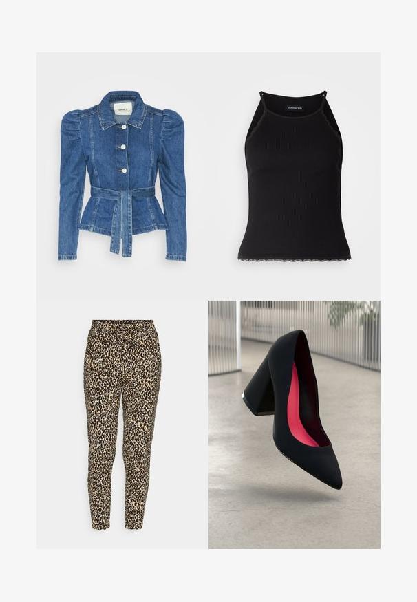Jeansjacka med midjebälte, åtsittande liv och puffiga axlar. Mellanblå färg, strukturerad design och knäppning fram.; Svart ribbad linne med scallop-mönstrad spetskant i nederkant. Har tunna axelband och en figurnära design. Tillverkad av elastiskt tyg.; Leopardmönstrade byxor i ett elastiskt tyg, med en färgskala i svart och brunt, elastisk midja med dragsko och smalnande ben.; Svart högklackad sko med spetsig tå, texturerad yta och en livlig rosa inredning. Har en kraftig klack med silverdetaljer.