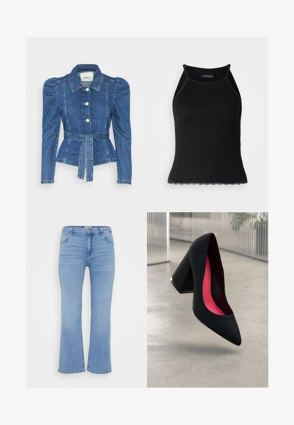 Jeansjakke med belte i midjen, tettsittende midje og puffede skuldre. Medium blå farge, strukturert design og frontknapper.; Svart ribbet tanktopp med scallop lace detaljer i kanten. Har tynne stropper og en kroppsnær design. Laget av elastisk stoff.; Lyseblå denim flared jeans med standard fem-lomme design, subtil falming og glidelås med knappelukking.; Svart høye hæler med spiss tå, teksturert overflate og en livlig rosa innside. Har en kraftig hæl med sølvdetaljer.