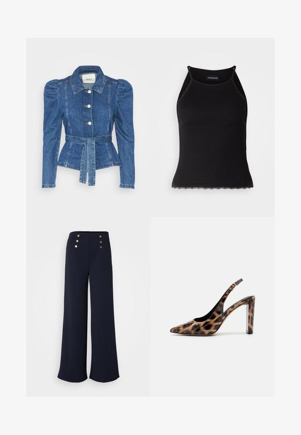 Jachetă din denim cu talie cu curea, bust ajustat și umeri bufanți. Culoare albastră medie, design structurat și închidere cu nasturi în față.; Top de bumbac negru cu nervuri, cu dantelă ondulată la margine. Are bretele subțiri și un design ajustat. Fabricat din material elastic.; Pantaloni largi de marină, confecționați dintr-un material neted, cu patru accente cu buton auriu la talia înaltă.; Pantof cu toc înalt, cu imprimeu leopard, cu vârf ascuțit și toc transparent. Fabricat dintr-un material lucios, cu o textură netedă.