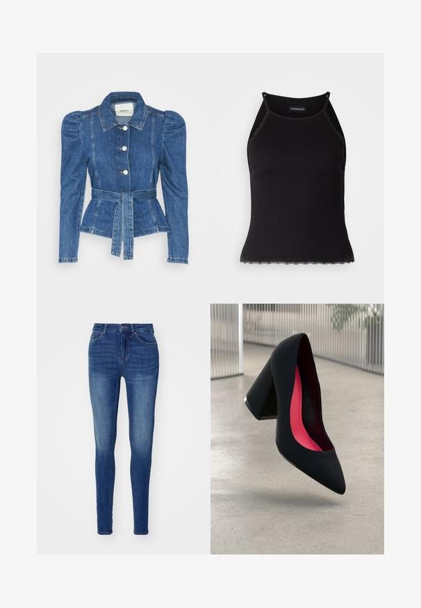 Džinsu jaka ar jostas vidukli, pieguļošu augšdaļu un pūšām plecu daļām. Vidēji zila krāsa, strukturēts dizains un priekšējie pogu aizdarījumi.; Melna ribota topiņa ar izšūtu mežģīņu apdari apakšmalā. Iezīmē plānas siksniņas un pielāgotu piegriezumu. Izgatavota no stiepjama auduma.; Zili denimi skinny džinsi ar gludu tekstūru, piecu kabatu dizainu un pogu aizdari. Iezīmētas nokrāsotas zonas novecojušam izskatam.; Melna augsta papēža kurpe ar smailu purngalu, teksturētu virsmu un dzīvespriecīgu rozā interjeru. Satur masīlu papēdi ar sudraba akcentu.