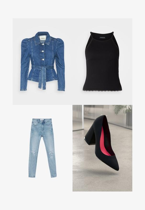 Denimjakke med beltedal, tætsiddende liv og puffede skuldre. Mellemblå farve, struktureret design og frontknaplukninger.; Sort ribbet tanktop med bølget blondekant forneden. Har tynde stropper og en tætsiddende pasform. Fremstillet af strækbart materiale.; Lysblå denim skinny jeans med høj talje, der har slidte knædetaljer og et klassisk fem-lomme design.; Sort højhælet sko med spids tå, struktureret overflade og et livligt pink interiør. Har en kraftig hæl med sølvdetaljer.