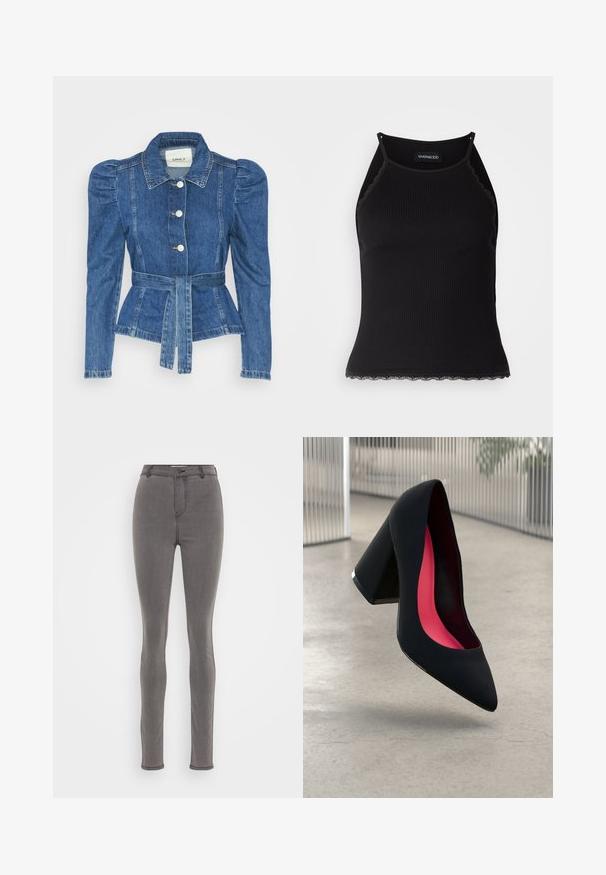Denimo striukė su dirželiu liemens srityje, prigludusia forma ir pūstomis pečių dalimis. Vidutinio mėlynumo spalva, struktūrizuotas dizainas ir priekiniai mygtukų užsegimai.; Juodas raštuotas marškinėlis be rankovių su banginiu nėriniu apdaila apatine dalimi. Savybės: plonos petnešos ir prigludusi forma. Pagaminta iš tamprios medžiagos.; Pilkos džinsinio audinio liesos kelnės su aukštu liemeniu, su užtrauktuku, vienu mygtuku ir minimaliais siuvimo detalėmis siūlėse.; Juoda aukštakulnė bateliai su aštriu priekeliu ir tekstūruotu viršumi. Viduje ryškiai rožinė pamušalas. Kvadratinis kulnas su metaliniu akcentu pado pagrinde.