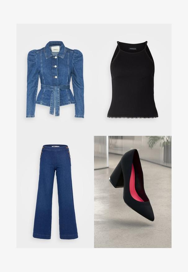 Traper jakna s pojasom u struku, prilagođenim tijelom i nabranim ramenima. Srednje plava boja, strukturirani dizajn i prednje kopčanje na tipke.; Crna ženska majica bez rukava s rebrastim uzorkom i čipkastim obrubom na donjem dijelu. Ima tanke naramenice i prilagođen dizajn. Izrađena od rastezljivog materijala.; Tamno plave trapezaste traperice. Visok struk s šest velikih smešnih dugmadi sa strane i uredno šivanje uz porube.; Crna visoka potpetica s oštrim vrhom, teksturiranom površinom i živopisnom ružičastom unutrašnjošću. Ima masivnu potpeticu s srebrnim detaljem.