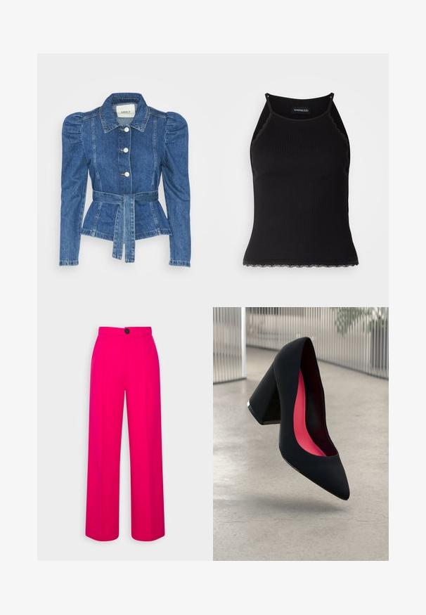 Jeansjacke mit tailliertem Schnitt, fitted Oberteil und gepufften Schultern. Mittelblaue Farbe, strukturierte Form und Frontknopfverschlüsse.; Schwarzes, geripptes Tanktop mit gewellten Spitzenabschluss am Saum. Mit dünnen Trägern und einer figurbetonten Passform. Hergestellt aus dehnbarem Material.; Fuchsie Übergrößen-Hosen mit hoher Taille, vorderen Falten und einem einzelnen schwarzen Knopfverschluss. Glatte Textur und taillierter Schnitt.; Schwarzer High Heel Schuh mit spitzer Zehe, strukturiertem Obermaterial und lebhaftem pinken Innenraum. Verfügt über einen dicken Absatz mit silberner Akzentuierung.