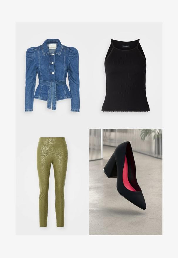 Denim jakna z pasom, prilegajoča bodica in napihnjena ramena. Srednje modra barva, strukturna zasnova in sprednje gumbne zanke.; Črn rebrast top brez rokavov z valovitimi čipkastimi robovi na dnu. Ima tanke naramnice in oprijet kroj. Narejen je iz raztegljivega materiala.; Olivnozeleni leggingi z diskretnim vzorcem leoparda, izdelani iz raztegljivega materiala z gladko teksturo in prilegajočim dizajnom.; Črne visoke petke z nazobčanim prstom, teksturirano površino in živahnimi rožnatimi notranjimi deli. Imajo robustno peto z srebrnim akcentom.