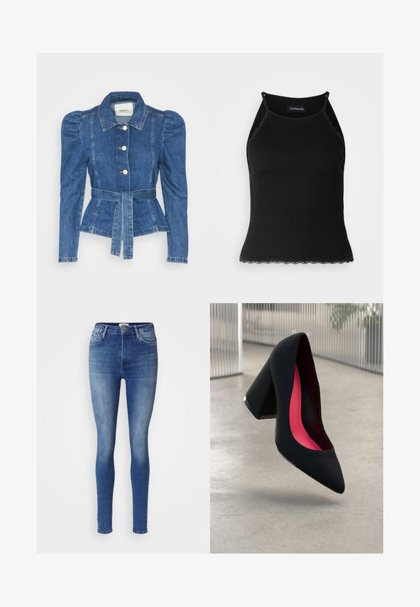 Denimo striukė su dirželiu liemens srityje, prigludusia forma ir pūstomis pečių dalimis. Vidutinio mėlynumo spalva, struktūrizuotas dizainas ir priekiniai mygtukų užsegimai.; Juodas raštuotas marškinėlis be rankovių su banginiu nėriniu apdaila apatine dalimi. Savybės: plonos petnešos ir prigludusi forma. Pagaminta iš tamprios medžiagos.; Lieknos džinsai vidutinės mėlynos spalvos su nublukusiu efektu. Turintys klasikinį penkių kišenių dizainą ir vidutinio aukščio liemenį.; Juodas aukštakulnis batai su smailiu pirštu, su tekstūruota paviršiumi ir ryškiai rožiniu vidumi. Su tiek dideliu kulnu, tiek sidabriniu akcentu.