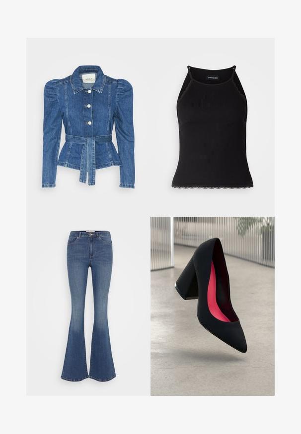 Riposso takki, jossa on vyöllinen vyötärö, istuva vartalo ja puffatut olkapäät. Keskisininen väri, rakenteellinen muotoilu ja etupainetut napit.; Mustan ribbitoppi, jonka helman reunassa on aaltoileva pitsi. Ominaisuuksina ohuet hihnat ja tiukka malli. Valmistettu joustavasta kankaasta.; Löysät siniset farkut, joissa on korkea vyötärö, viisi taskua, etupainike ja hieman haalistunut pinta reidissä.; Musta korkokenkä, jossa on terävä kärki, teksturoitu pinta ja kirkkaan vaaleanpunainen sisus. Varustettu tukevalla kannalla, jossa on hopeinen yksityiskohta.