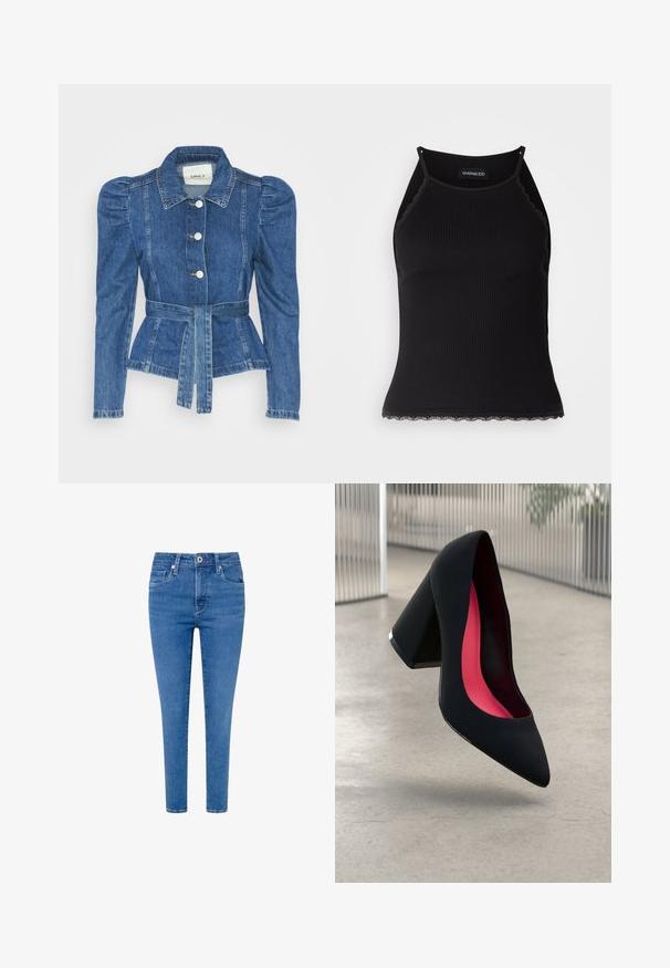 Chaqueta de mezclilla con cintura ceñida, cuerpo ajustado y hombros abullonados. Color azul medio, diseño estructurado y cierres frontales de botones.; Top de tanque negro con ribetes acanalados y borde de encaje con volantes en el dobladillo. Presenta tirantes finos y un diseño ajustado. Fabricado en tejido elástico.; Jeans ajustados de mezclilla azul claro, con una cintura de media altura, bolsillos frontales y una cremallera con un solo botón de cierre. Textura suave.; Zapato de tacón alto negro con puntera afilada, superficie texturizada y un interior de un rosa vibrante. Presenta un tacón grueso con un acento plateado.