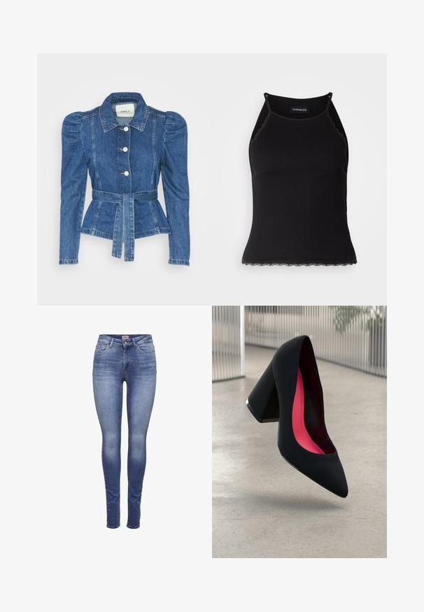 Casaco de ganga com cintura ajustada, corpete justo e ombros bufantes. Cor azul média, design estruturado e fecho frontal por botões.; T-shirt sem mangas preto com acabamento em renda frisada na barra. Apresenta alças finas e um design justo. Feito de um tecido elástico.; Jeans femininos slim fit azuis com lavagem desbotada, bolsos frontais, fecho de botão e passadores para cinto.; Sapato de salto alto preto com bico puntiagudo, superfície texturizada e um interior vibrante em rosa. Apresenta um salto grosso com detalhe em prata.