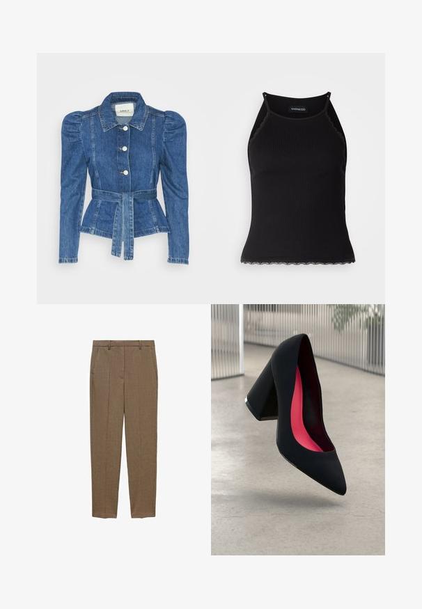 Jeansjacke mit tailliertem Schnitt, fitted Oberteil und gepufften Schultern. Mittelblaue Farbe, strukturierte Form und Frontknopfverschlüsse.; Schwarzes, geripptes Tanktop mit gewellten Spitzenabschluss am Saum. Mit dünnen Trägern und einer figurbetonten Passform. Hergestellt aus dehnbarem Material.; Braun karierte Hosen mit taillierter Passform, flachem Bund, seitlichen Taschen und glatter Textur. Klassisches Design für vielseitige Kombinationen.; Schwarzer High-Heel-Schuh mit spitzer Kappe und strukturierter Oberseite. Innenfutter in leuchtendem Pink. Quadratischer Absatz mit metallischem Akzent an der Basis.