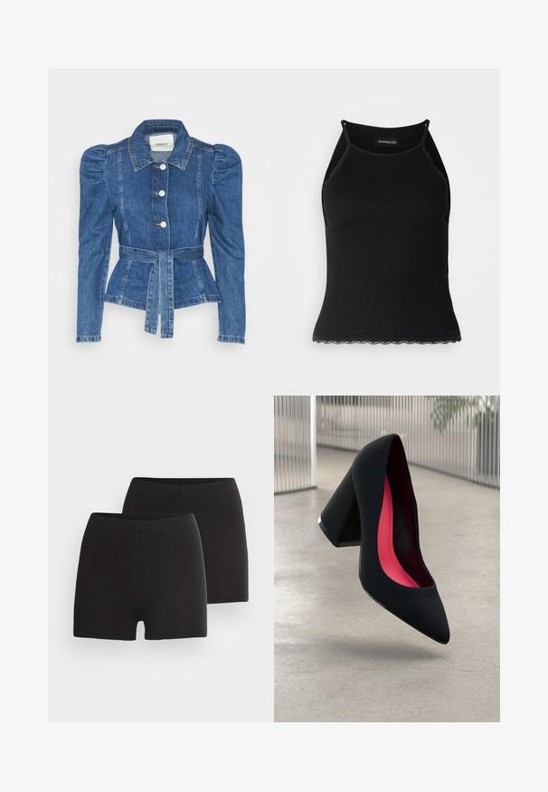 Spijkerjack met een ceintuur in de taille, een getailleerd lijfje en pofmouwen. Middelblauwe kleur, gestructureerd ontwerp en knoopsluitingen aan de voorkant.; Zwarte geribbelde tanktop met een scallooped kanten rand aan de onderkant. Heeft dunne bandjes en een aansluitend ontwerp. Gemaakt van rekbare stof.; Zwarte katoenen shorts met een gladde textuur, voorzien van een brede elastische tailleband en een aansluitend ontwerp. Twee paren worden getoond.; Zwarte hoge hak met een spitse neus, textuur op het oppervlak en een opvallend roze interieur. Beschikt over een chunky hak met zilveren accent.